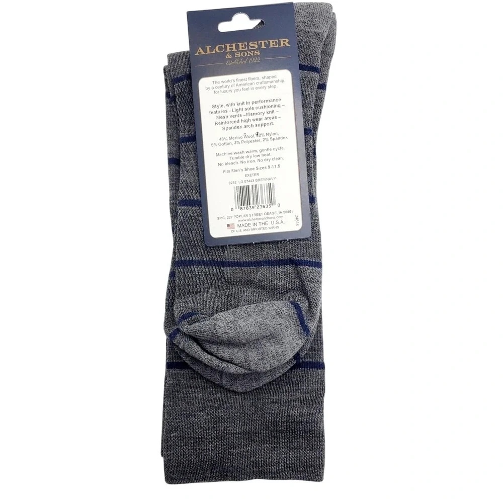 Extra Fine Merino Wool Stripe Crew Socks Mens Large Grey Navy Alchester Exeter